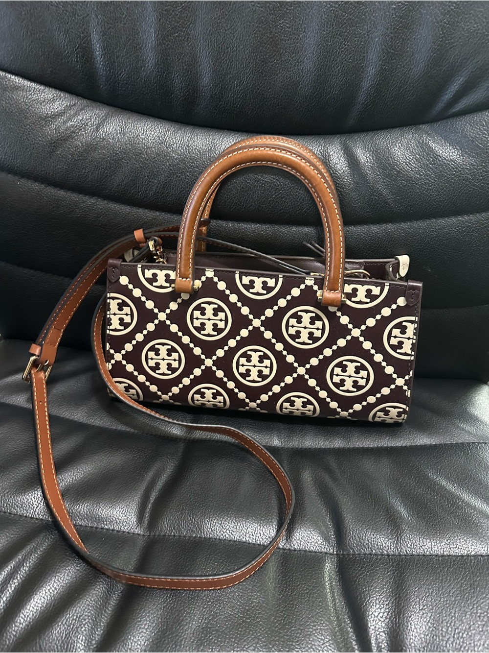 Tory Burch T Monogram Contrast Embossed Small East-West Tote Bag.